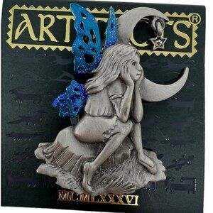 1986 Artifacts JJ Jonette Jewelry Fairy SilverTone Blue Glitter Moon Star Brooch